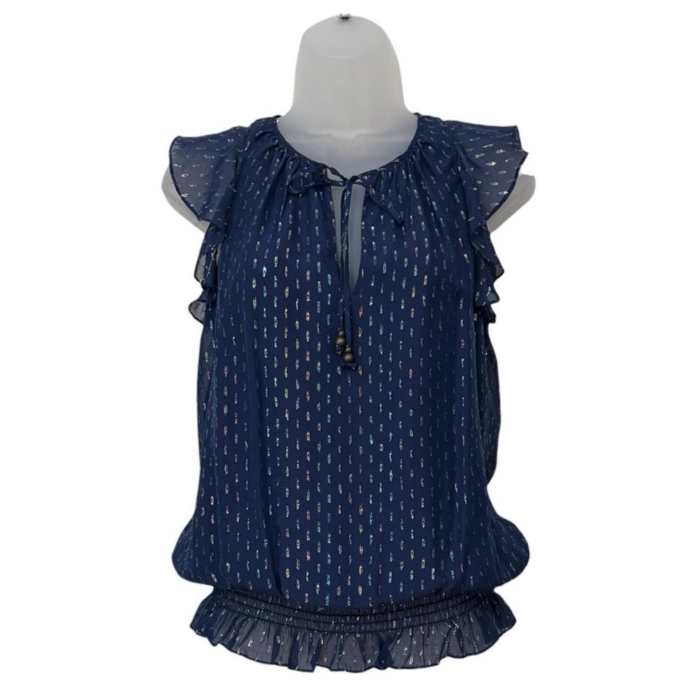 RAMY BROOK | Cecily Metallic Clip-Dot Silk Flutter Sleeve Top in Navy, Small